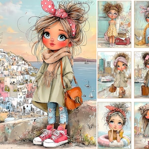 May include: Watercolor illustration of a young girl in a scenic coastal town. She wears a pink polka dot headband, tan scarf, olive green coat, ripped jeans, and red high-top sneakers. She carries a brown satchel bag. The background features white buildings and a windmill.