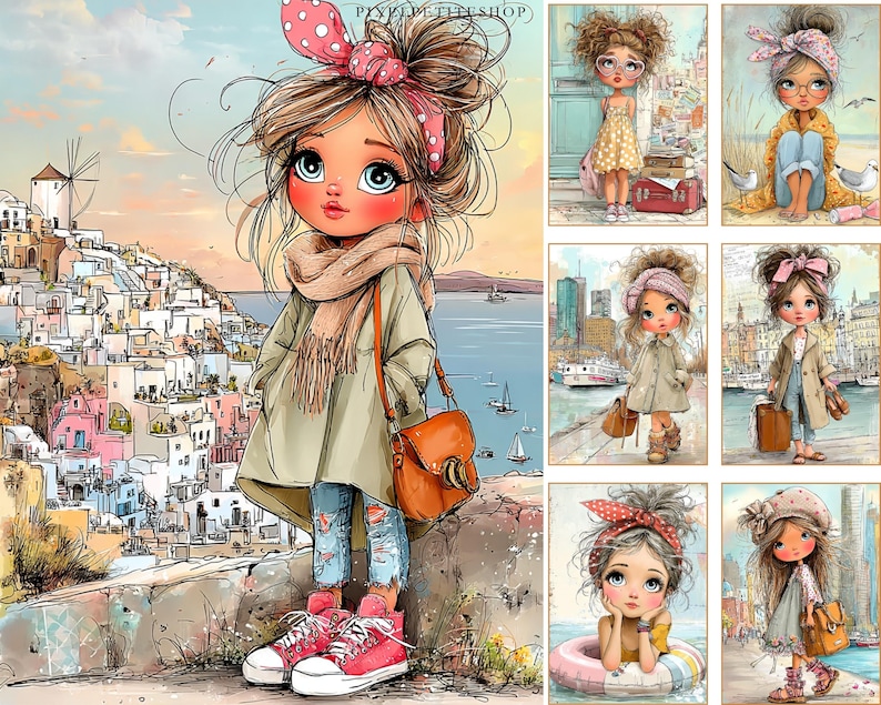 May include: Watercolor illustration of a young girl in a scenic coastal town. She wears a pink polka dot headband, tan scarf, olive green coat, ripped jeans, and red high-top sneakers. She carries a brown satchel bag. The background features white buildings and a windmill.