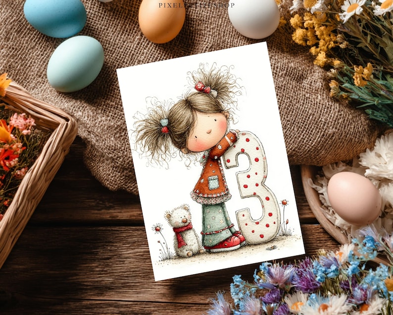 Pu&ograve; includere: Biglietto di auguri di compleanno con una bambina dei cartoni animati che tiene in mano un grande numero 3 a pois rossi. La bambina indossa un vestito rosso e arancione e pantaloni verdi. C'&egrave; anche un piccolo orsacchiotto con una sciarpa rossa.