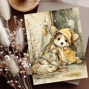 May include: Watercolor illustration of a corgi puppy wearing a yellow hooded coat and a matching hat. The puppy is sitting next to a sleeping figure in a similar outfit. The artwork has a vintage, storybook aesthetic.