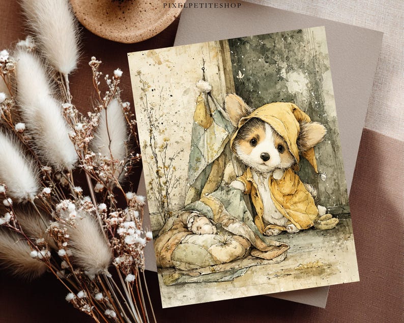 May include: Watercolor illustration of a corgi puppy wearing a yellow hooded coat and a matching hat. The puppy is sitting next to a sleeping figure in a similar outfit. The artwork has a vintage, storybook aesthetic.