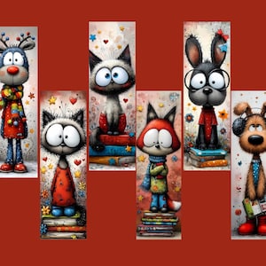 May include: Six illustrated bookmarks with cartoon animals. The set includes a reindeer, two cats, a fox, a bunny, and a dog. Each character is depicted standing on a pile of books. The bookmarks have a vibrant colour palette and are set against a red backdrop.