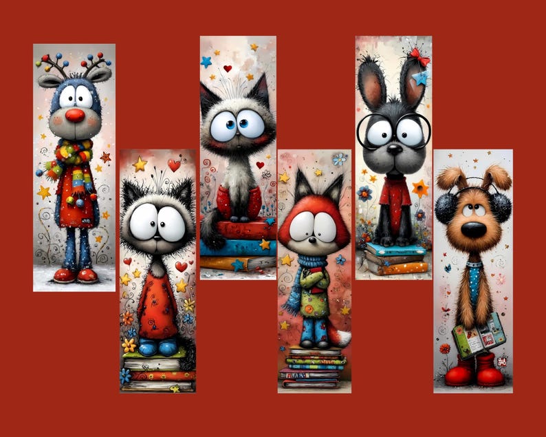 May include: Six illustrated bookmarks with cartoon animals. The set includes a reindeer, two cats, a fox, a bunny, and a dog. Each character is depicted standing on a pile of books. The bookmarks have a vibrant colour palette and are set against a red backdrop.