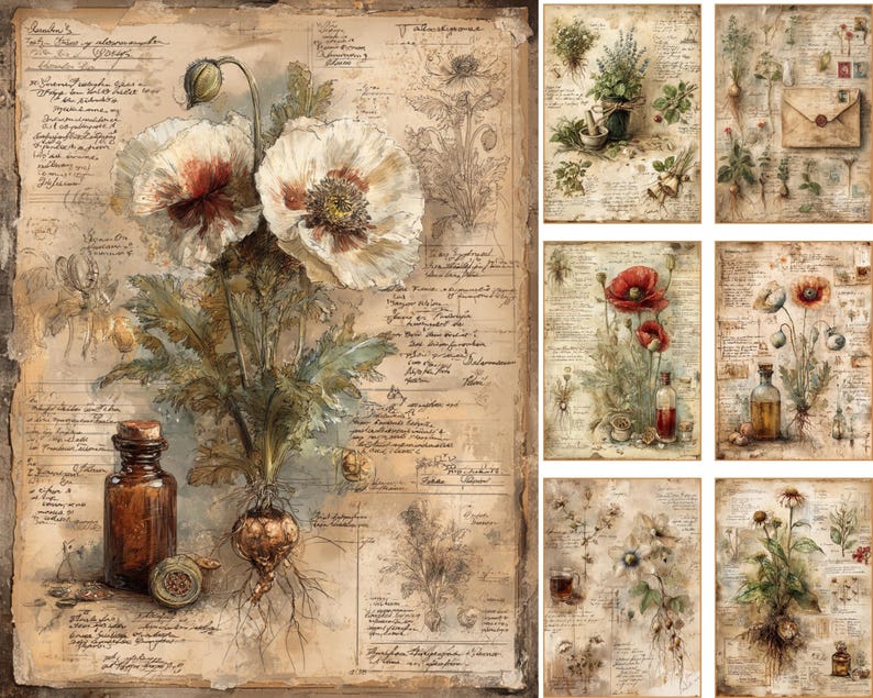 May include: A collection of vintage botanical prints, each depicting detailed illustrations of flowers, herbs, and roots. The prints feature poppies and other medicinal herbs, with handwritten notes and aged paper textures. A brown glass bottle is also visible.