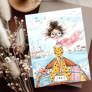 May include: A rectangular art print featuring a whimsical illustration of a person with a messy bun and round glasses wearing a yellow polka dot dress and a pink scarf, riding in a wooden boat on water with a coastal town in the background.