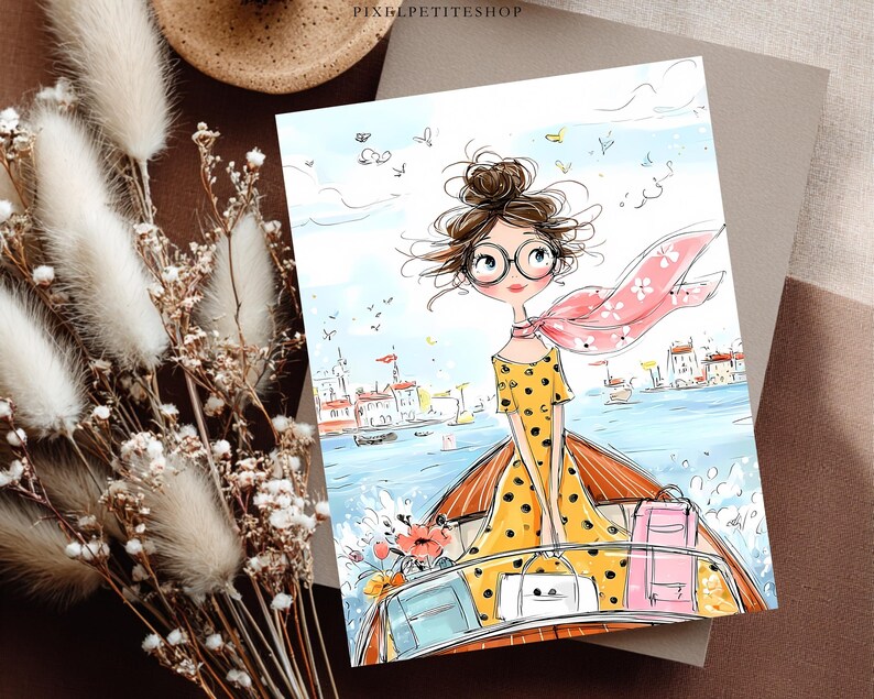 May include: A rectangular art print featuring a whimsical illustration of a person with a messy bun and round glasses wearing a yellow polka dot dress and a pink scarf, riding in a wooden boat on water with a coastal town in the background.