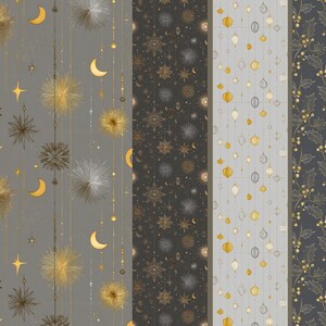 May include: A collection of patterned fabrics featuring celestial and botanical designs. The patterns include gold and silver stars, moons, and bursts on a gray background, along with holly and berry motifs.