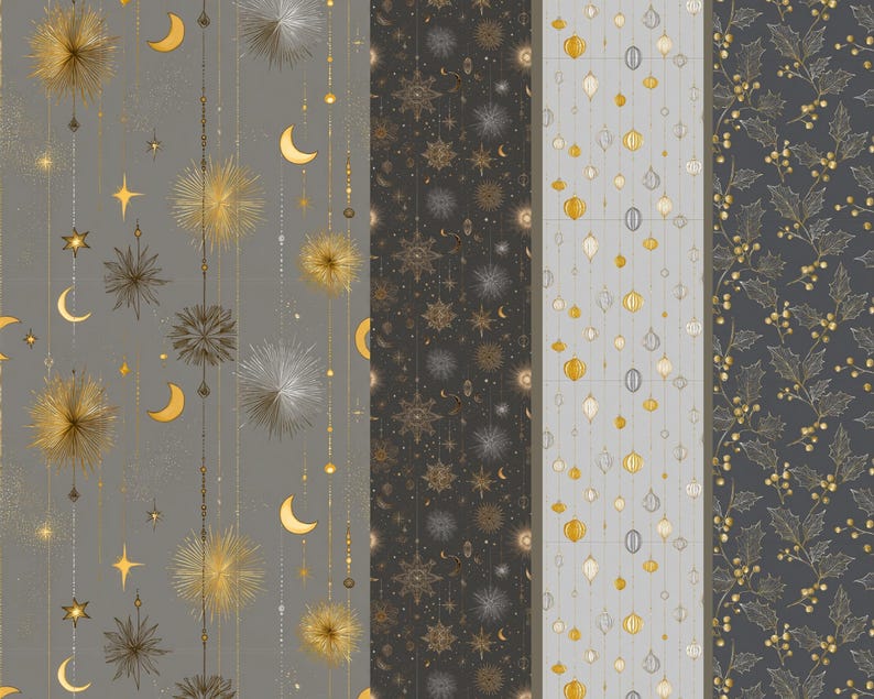 May include: A collection of patterned fabrics featuring celestial and botanical designs. The patterns include gold and silver stars, moons, and bursts on a gray background, along with holly and berry motifs.