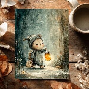 May include: Watercolor illustration of a bear cub in striped pajamas and a nightcap, carrying a glowing lantern and a backpack, walking through a forest. The artwork has a whimsical, storybook style with soft colors and a dreamy atmosphere.