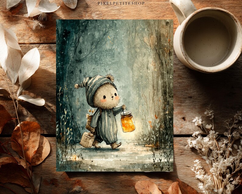 May include: Watercolor illustration of a bear cub in striped pajamas and a nightcap, carrying a glowing lantern and a backpack, walking through a forest. The artwork has a whimsical, storybook style with soft colors and a dreamy atmosphere.