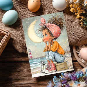 May include: A whimsical illustration of a girl with curly hair wearing a pink polka-dot headscarf, orange top, and blue jeans, seated near a crescent moon. The artwork features a lighthouse, ocean, and a vintage suitcase, with a dreamy, artistic style.