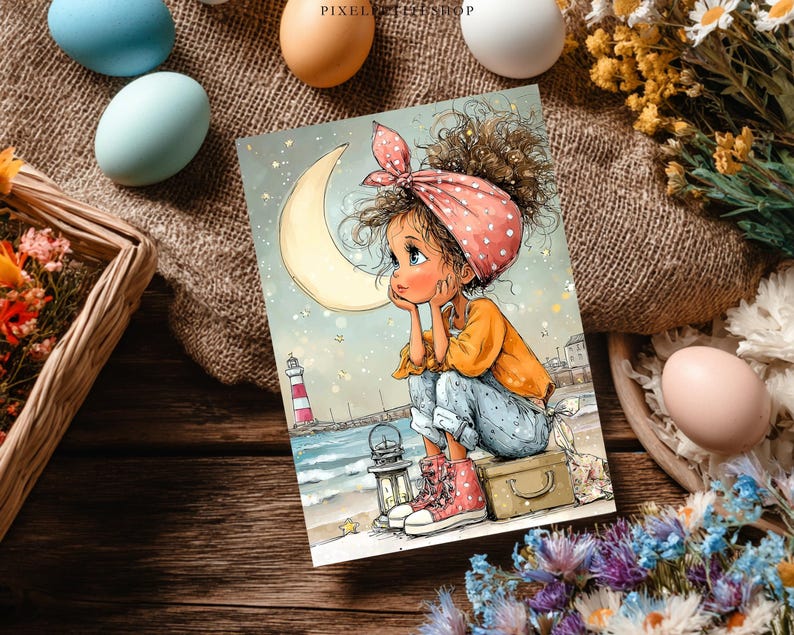 May include: A whimsical illustration of a girl with curly hair wearing a pink polka-dot headscarf, orange top, and blue jeans, seated near a crescent moon. The artwork features a lighthouse, ocean, and a vintage suitcase, with a dreamy, artistic style.