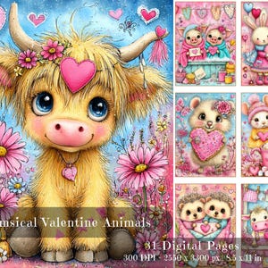 May include: A digital art print showcasing a whimsical illustration of a Highland cow with a heart-shaped nose and a flower crown. The image includes other Valentine's Day themed animal illustrations. Text reads "Whimsical Valentine Animals" and "31 Digital Pages".