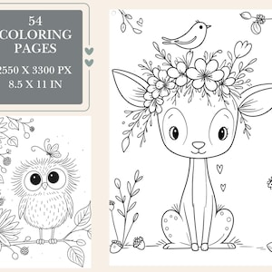 May include: A digital collection of 54 coloring pages measuring 8.5 x 11 inches, featuring black and white line art of a deer with a floral crown and a bird, and an owl perched on a branch with a butterfly, with text 54 COLORING PAGES 2550 X 3300 PX.