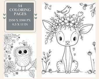 May include: A digital collection of 54 coloring pages measuring 8.5 x 11 inches, featuring black and white line art of a deer with a floral crown and a bird, and an owl perched on a branch with a butterfly, with text 54 COLORING PAGES 2550 X 3300 PX.