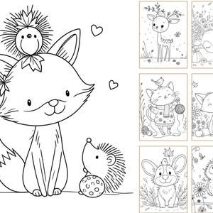 May include: A collection of black and white coloring pages featuring line art illustrations of woodland animals including a fox, hedgehog, deer, cat, and owl. The main image shows a fox with a hedgehog on its head and another beside it.