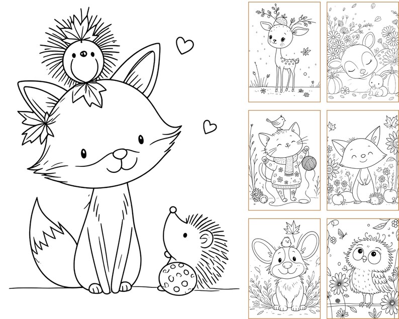May include: A collection of black and white coloring pages featuring line art illustrations of woodland animals including a fox, hedgehog, deer, cat, and owl. The main image shows a fox with a hedgehog on its head and another beside it.
