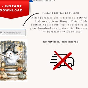 May include: A digital download graphic featuring a watercolor-style illustration of a white ghost wearing a black witch hat and riding a broomstick on a porch decorated with pumpkins, lanterns, and autumn leaves, with text indicating instant access.