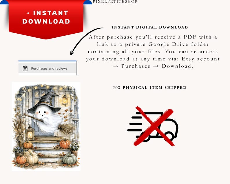 May include: A digital download graphic featuring a watercolor-style illustration of a white ghost wearing a black witch hat and riding a broomstick on a porch decorated with pumpkins, lanterns, and autumn leaves, with text indicating instant access.