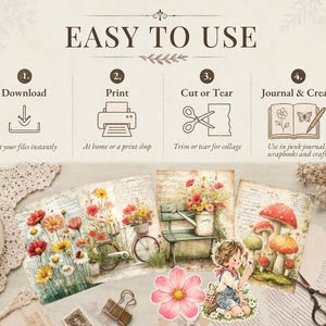 May include: A digital craft kit instruction graphic titled EASY TO USE with four steps: Download, Print, Cut or Tear, and Journal & Create. Below are printed sheets featuring floral, bicycle, bench, mushroom, and child illustrations.