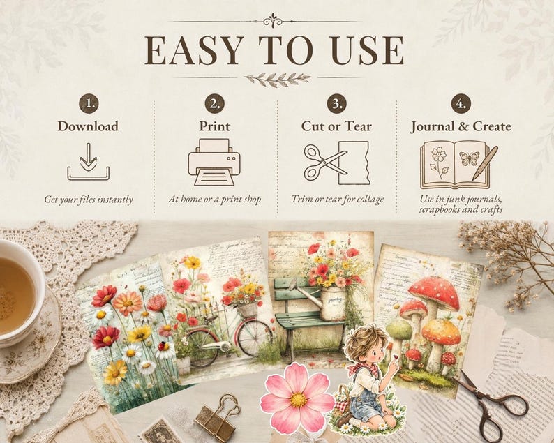 May include: A digital craft kit instruction graphic titled EASY TO USE with four steps: Download, Print, Cut or Tear, and Journal & Create. Below are printed sheets featuring floral, bicycle, bench, mushroom, and child illustrations.