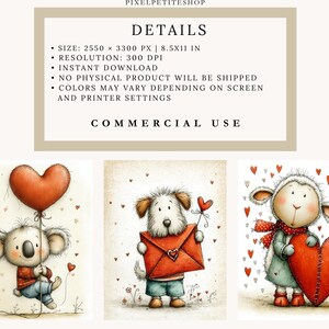 May include: Digital art prints showing a koala with a heart balloon, a dog with a heart envelope, and a sheep with a heart. The prints are in a watercolour style and are for commercial use.