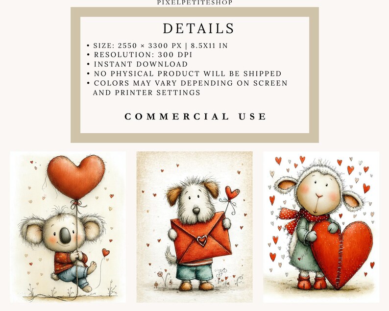 May include: Digital art prints showing a koala with a heart balloon, a dog with a heart envelope, and a sheep with a heart. The prints are in a watercolour style and are for commercial use.