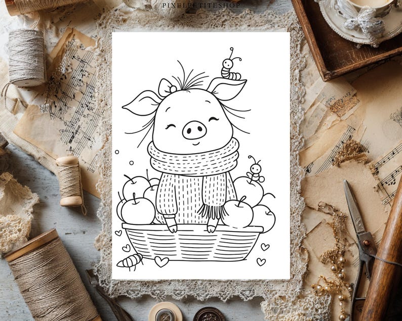 May include: A black and white line art illustration featuring a cartoon pig wearing a scarf and sweater, sitting in a basket filled with apples. A small caterpillar rests on the pig's head, and another sits on an apple. Small hearts surround the basket.