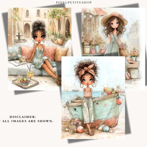 Puede incluir: Ilustraciones en acuarela de mujeres elegantes en varios entornos. Una representa a una mujer relaj&aacute;ndose en un sof&aacute; con una bebida, otra a una mujer con flores y la &uacute;ltima a una mujer cerca de un barco.