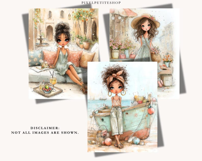 Puede incluir: Ilustraciones en acuarela de mujeres elegantes en varios entornos. Una representa a una mujer relaj&aacute;ndose en un sof&aacute; con una bebida, otra a una mujer con flores y la &uacute;ltima a una mujer cerca de un barco.
