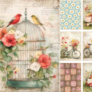 May include: A collection of six decorative art prints featuring vintage-style illustrations. Designs include a birdcage with red and yellow birds, a bicycle with a flower basket, a picnic basket with fruit, and floral patterns in soft pastel tones.