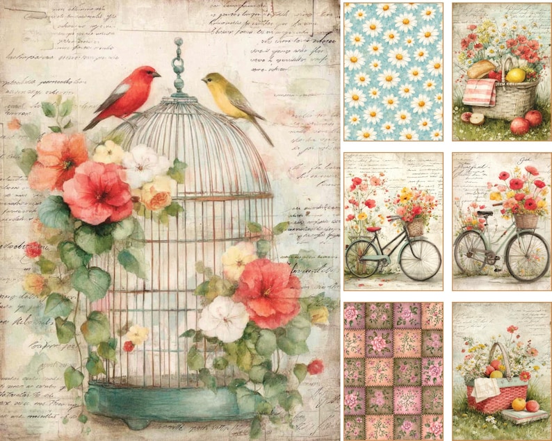 May include: A collection of six decorative art prints featuring vintage-style illustrations. Designs include a birdcage with red and yellow birds, a bicycle with a flower basket, a picnic basket with fruit, and floral patterns in soft pastel tones.