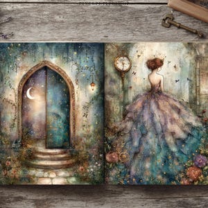 May include: An open book displaying two illustrated pages. The left page shows an arched stone doorway with a crescent moon and starry sky. The right page features a person in a voluminous, layered blue and purple gown standing near a wall clock.