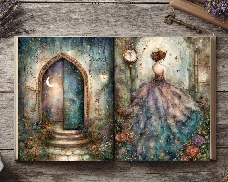 May include: An open book displaying two illustrated pages. The left page shows an arched stone doorway with a crescent moon and starry sky. The right page features a person in a voluminous, layered blue and purple gown standing near a wall clock.