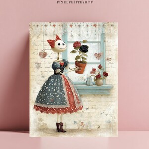 May include: A digital illustration of a skeleton figure wearing a red bow, a blue polka-dot bodice, and a red and blue skirt with white lace trim. The figure holds a terracotta pot with red and black roses near a light blue window frame.