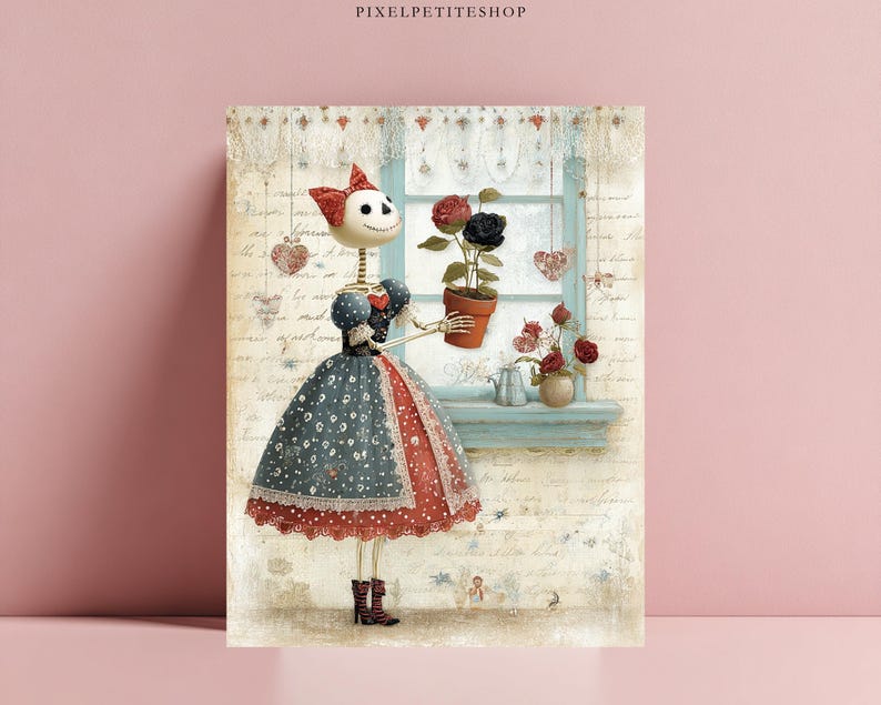 May include: A digital illustration of a skeleton figure wearing a red bow, a blue polka-dot bodice, and a red and blue skirt with white lace trim. The figure holds a terracotta pot with red and black roses near a light blue window frame.