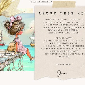 May include: Digital art kit featuring a watercolor illustration of a girl sitting on a pier, with sailboats in the background. The kit includes 33 digital papers for creative projects. The image size is 8.5x11 inches.