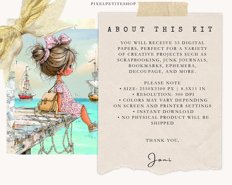 May include: Digital art kit featuring a watercolor illustration of a girl sitting on a pier, with sailboats in the background. The kit includes 33 digital papers for creative projects. The image size is 8.5x11 inches.