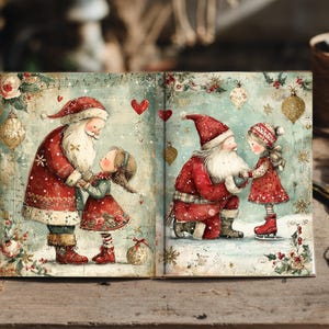 May include: An open book featuring two watercolor-style illustrations of Santa Claus and a young child. The left page shows them standing together, while the right page depicts Santa kneeling on ice as the child stands before him in red clothing.