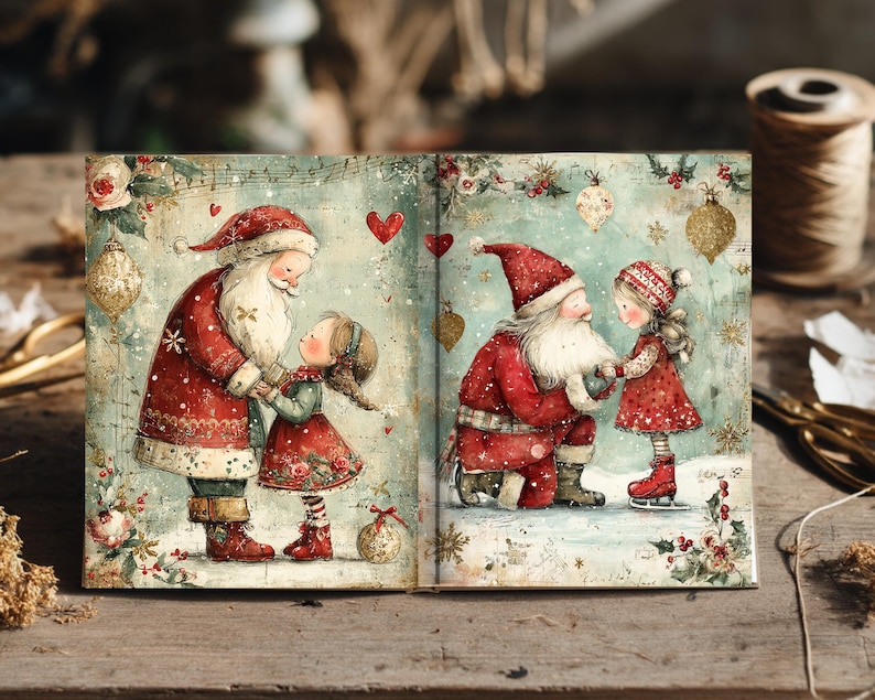May include: An open book featuring two watercolor-style illustrations of Santa Claus and a young child. The left page shows them standing together, while the right page depicts Santa kneeling on ice as the child stands before him in red clothing.