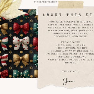 May include: Digital paper kit featuring a repeating pattern of decorative bows in red, gold, white, and teal on a dark background. The text "ABOUT THIS KIT" and other details are also included.