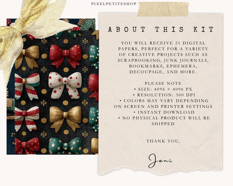 May include: Digital paper kit featuring a repeating pattern of decorative bows in red, gold, white, and teal on a dark background. The text "ABOUT THIS KIT" and other details are also included.