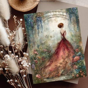 May include: A rectangular art print featuring a painting of a person in a long, flowing red gown standing in a garden with blue wisteria and pink flowers. The scene includes an arched structure and soft, painterly textures in muted tones.