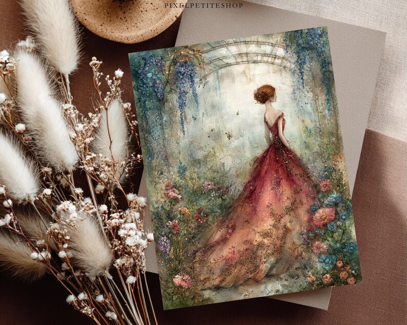 May include: A rectangular art print featuring a painting of a person in a long, flowing red gown standing in a garden with blue wisteria and pink flowers. The scene includes an arched structure and soft, painterly textures in muted tones.