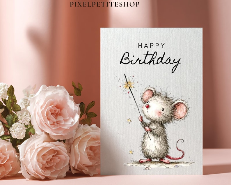 May include: A birthday card featuring a watercolor illustration of a cute mouse holding a sparkler. The card reads "Happy Birthday" in elegant script. Soft pink roses and greenery are in the background.