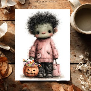 May include: A digital illustration of a small, green-skinned creature with messy black hair, a stitched forehead, and large dark eyes. The creature wears a pink sweater and dark pants, holding a pumpkin-shaped candy bucket and a small pink bag.