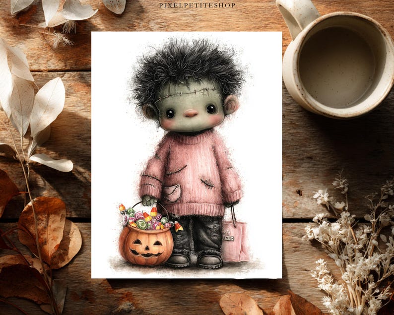 May include: A digital illustration of a small, green-skinned creature with messy black hair, a stitched forehead, and large dark eyes. The creature wears a pink sweater and dark pants, holding a pumpkin-shaped candy bucket and a small pink bag.