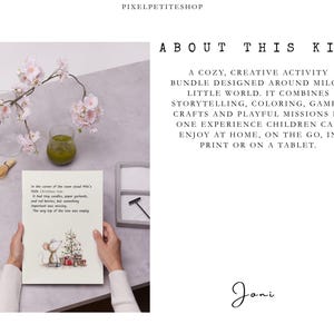 May include: A white activity sheet featuring a mouse illustration and the text: In the corner of the room stand Milo's little Christmas tree. It had tiny candles, paper garlands, and red berries, but something important was missing. The very top of the tree was empty.
