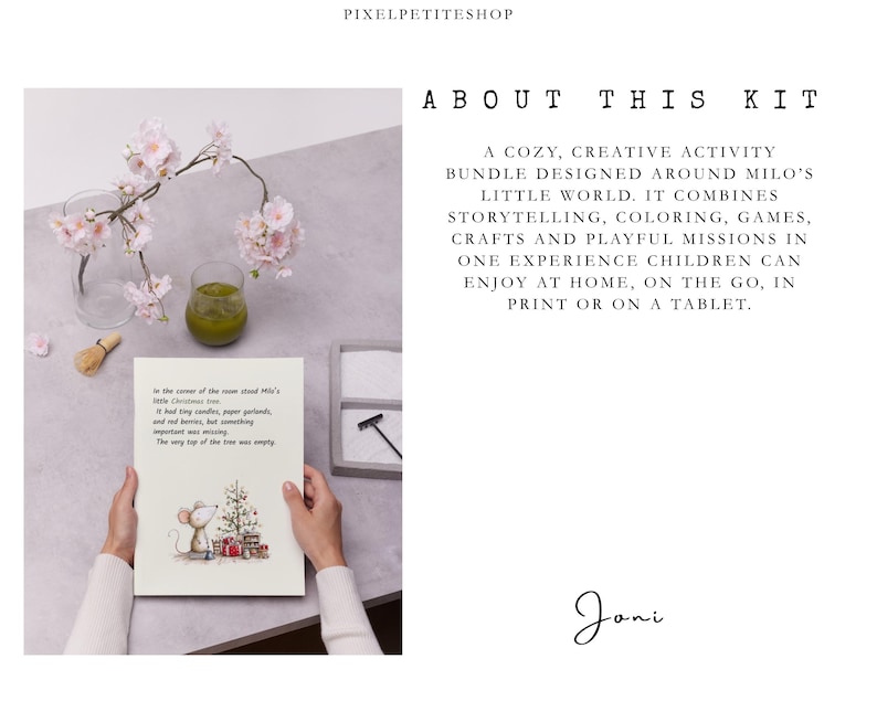 May include: A white activity sheet featuring a mouse illustration and the text: In the corner of the room stand Milo's little Christmas tree. It had tiny candles, paper garlands, and red berries, but something important was missing. The very top of the tree was empty.