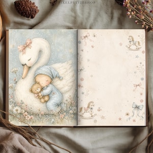 May include: An open book featuring a soft-toned illustration of a white swan with a pink bow, a child in blue pajamas holding a teddy bear, and a cream-colored page with small drawings of rocking horses, bows, and stars on the right side.